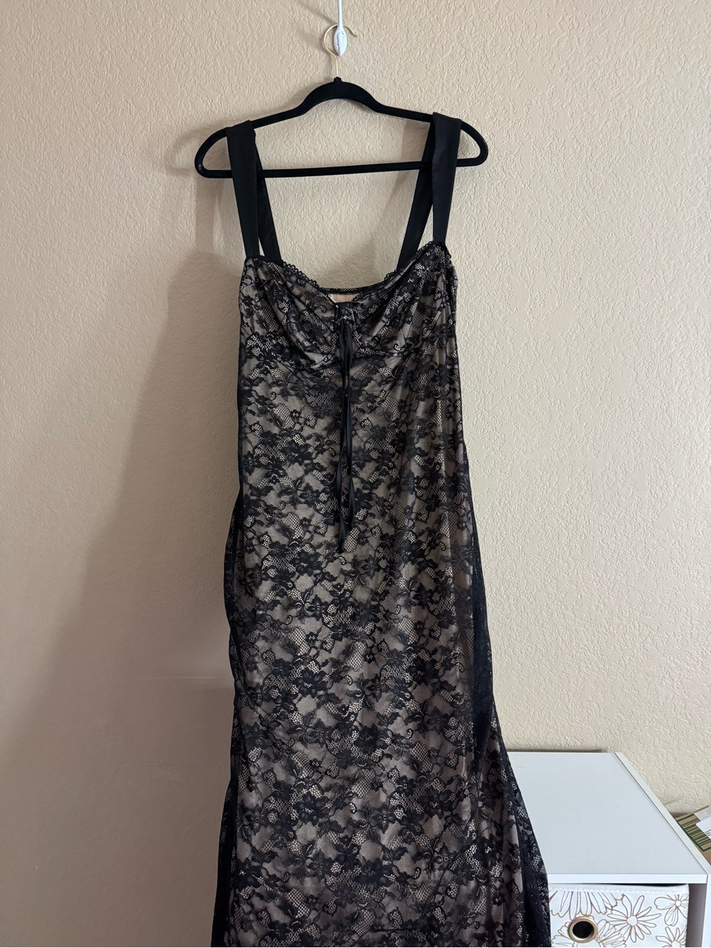 Black Lace Overlay Slip Chemise with Satin Straps